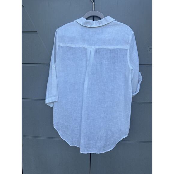 Side Stitch Los Angeles White linen popover blouse pocket Roll Tab Sleeves Sz M - Picture 8 of 12